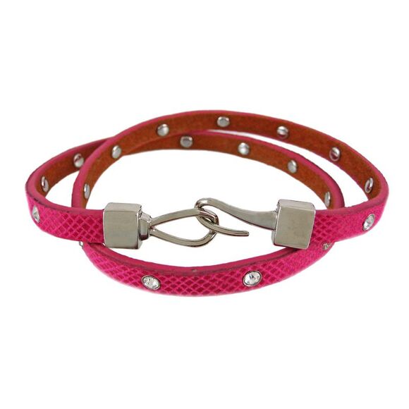 Fuchsia Leather Python Triple Wrap Rhinestone Bracelet - Picture 1 of 3
